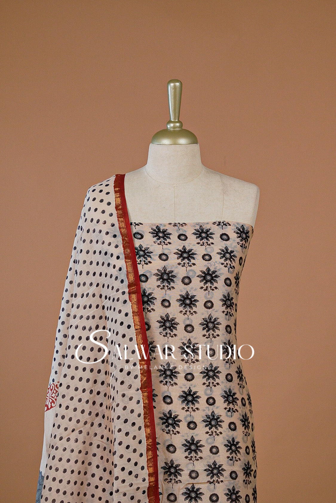 Printed Chanderi Unstitched Salwar Suit Dress Material  Cream With Black AC0207