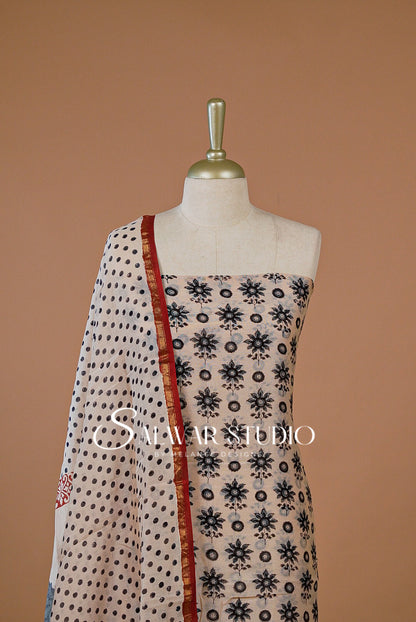 Printed Chanderi Unstitched Salwar Suit Dress Material  Cream With Black AC0207