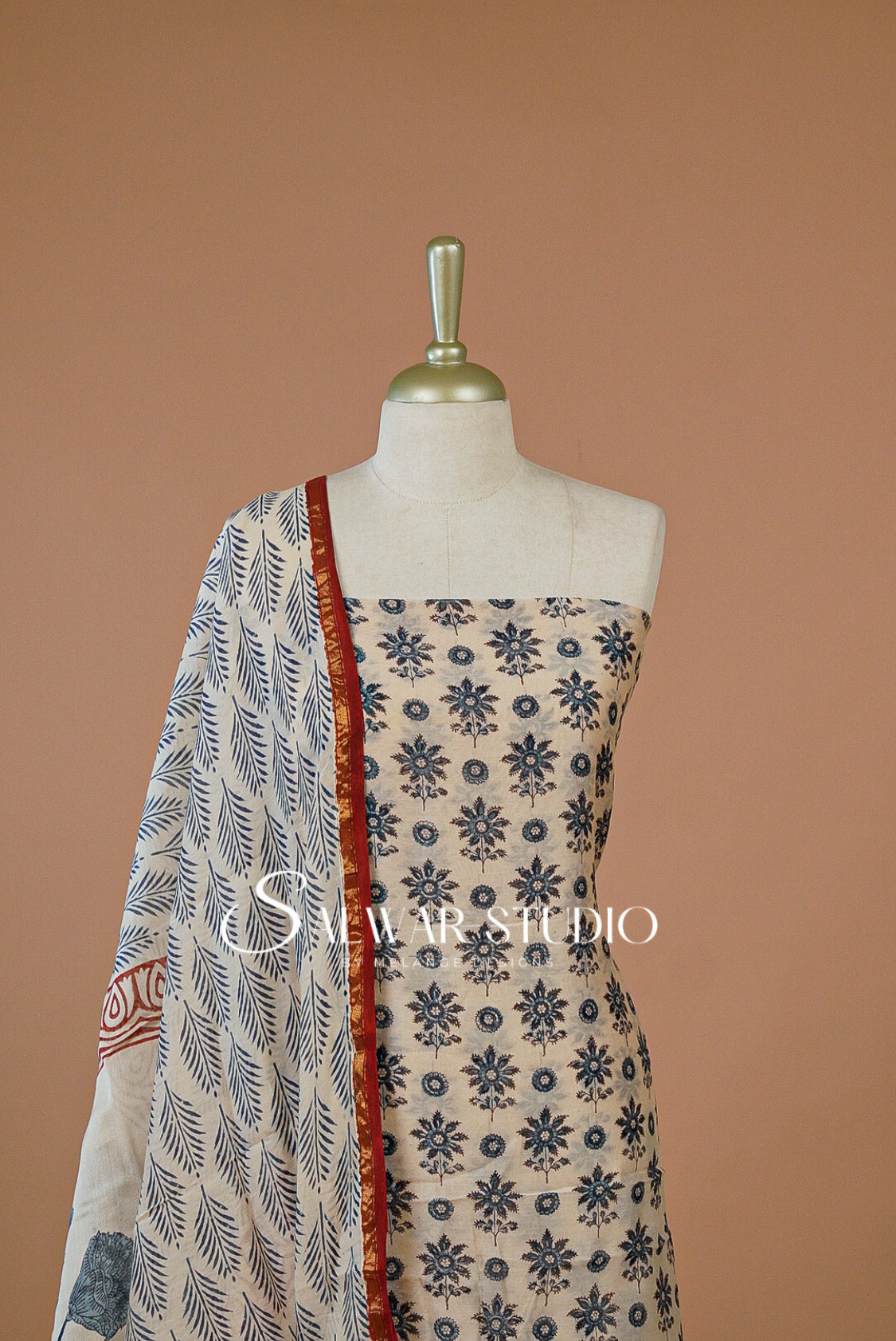 Printed Chanderi Unstitched Salwar Suit Dress Material  Cream With Blue AC0208