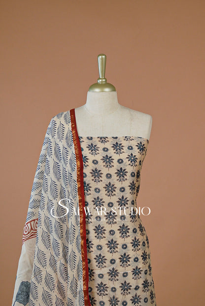 Printed Chanderi Unstitched Salwar Suit Dress Material  Cream With Blue AC0208
