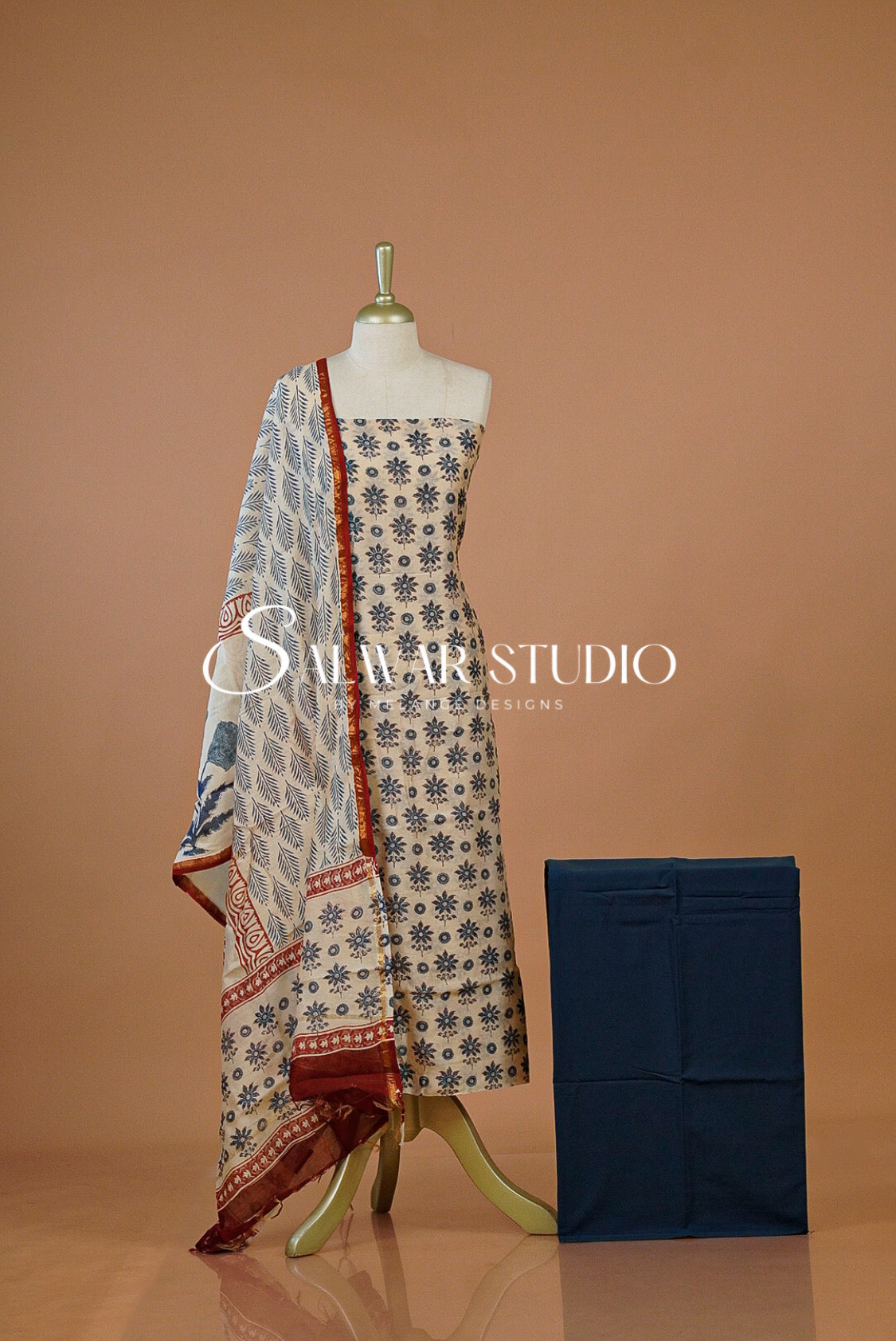 Printed Chanderi Unstitched Salwar Suit Dress Material  Cream With Blue AC0208