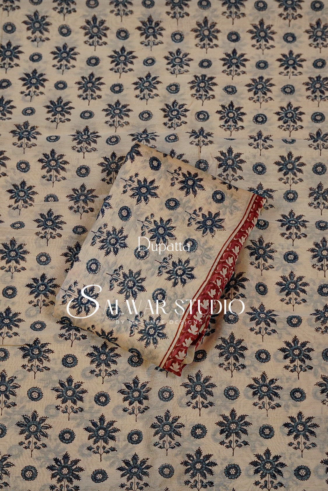Printed Chanderi Unstitched Salwar Suit Dress Material  Cream With Blue AC0208