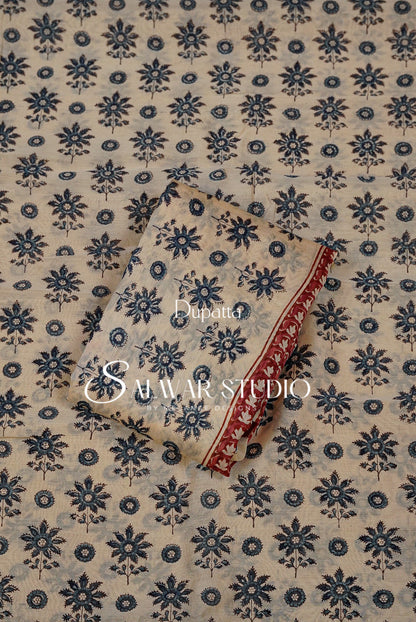 Printed Chanderi Unstitched Salwar Suit Dress Material  Cream With Blue AC0208