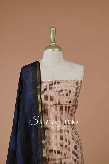 Printed Chanderi Unstitched Salwar Suit Dress Material Pale Peach With Royal Blue AC0220