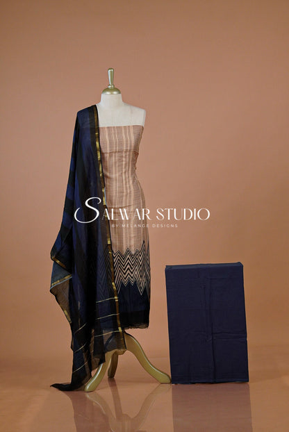 Printed Chanderi Unstitched Salwar Suit Dress Material Pale Peach With Royal Blue AC0220