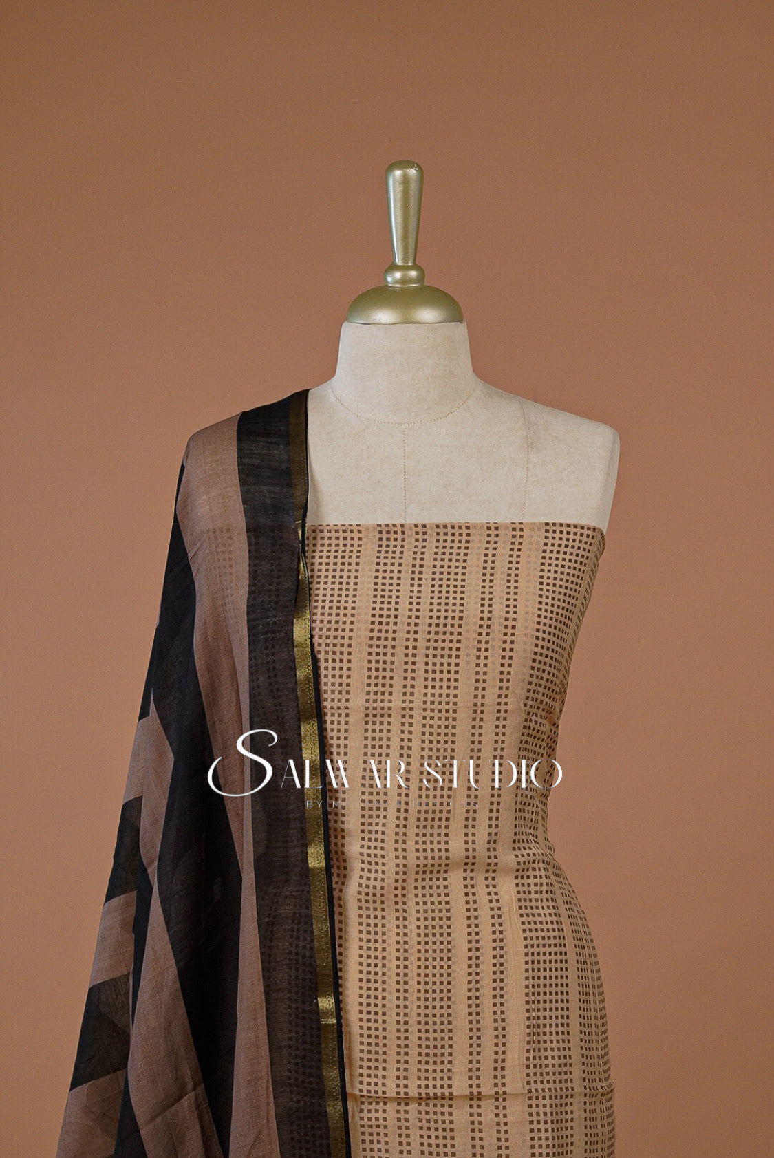 Printed Chanderi Unstitched Salwar Suit Dress Material Pale Peach With Pastel Brown AC0222