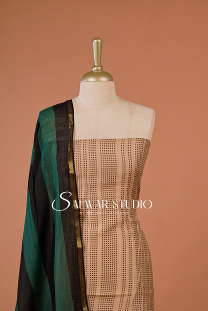Printed Chanderi Unstitched Salwar Suit Dress Material Pale Peach With Green AC0221