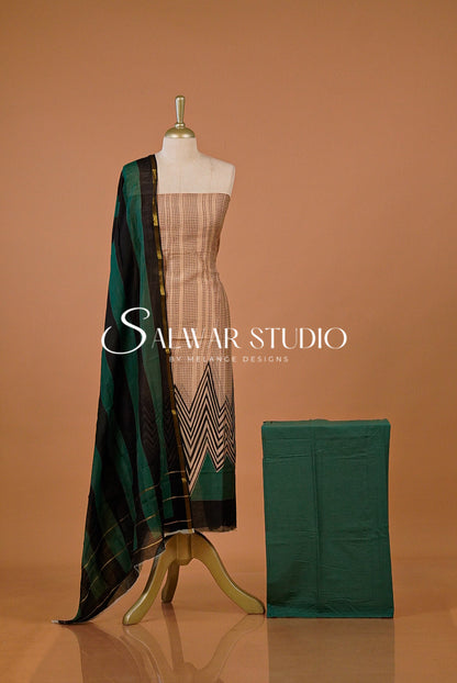 Printed Chanderi Unstitched Salwar Suit Dress Material Pale Peach With Green AC0221