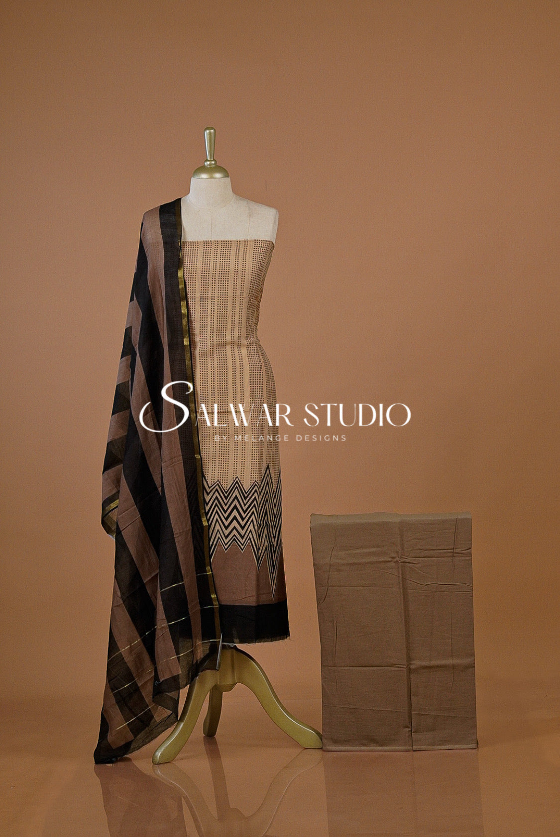 Printed Chanderi Unstitched Salwar Suit Dress Material Pale Peach With Pastel Brown AC0222