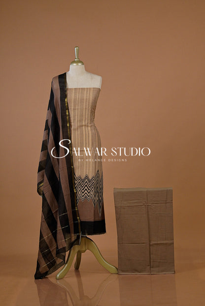 Printed Chanderi Unstitched Salwar Suit Dress Material Pale Peach With Pastel Brown AC0222