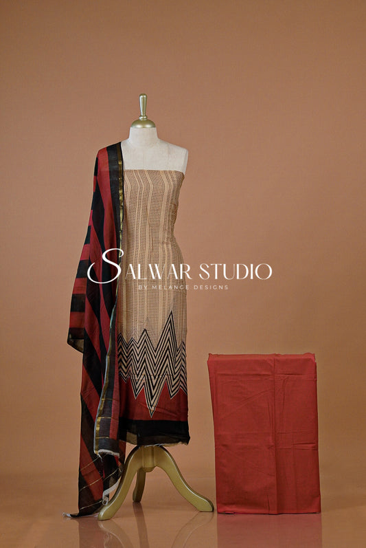 Printed Chanderi Unstitched Salwar Suit Dress Material Pale Peach With Maroon AC0223