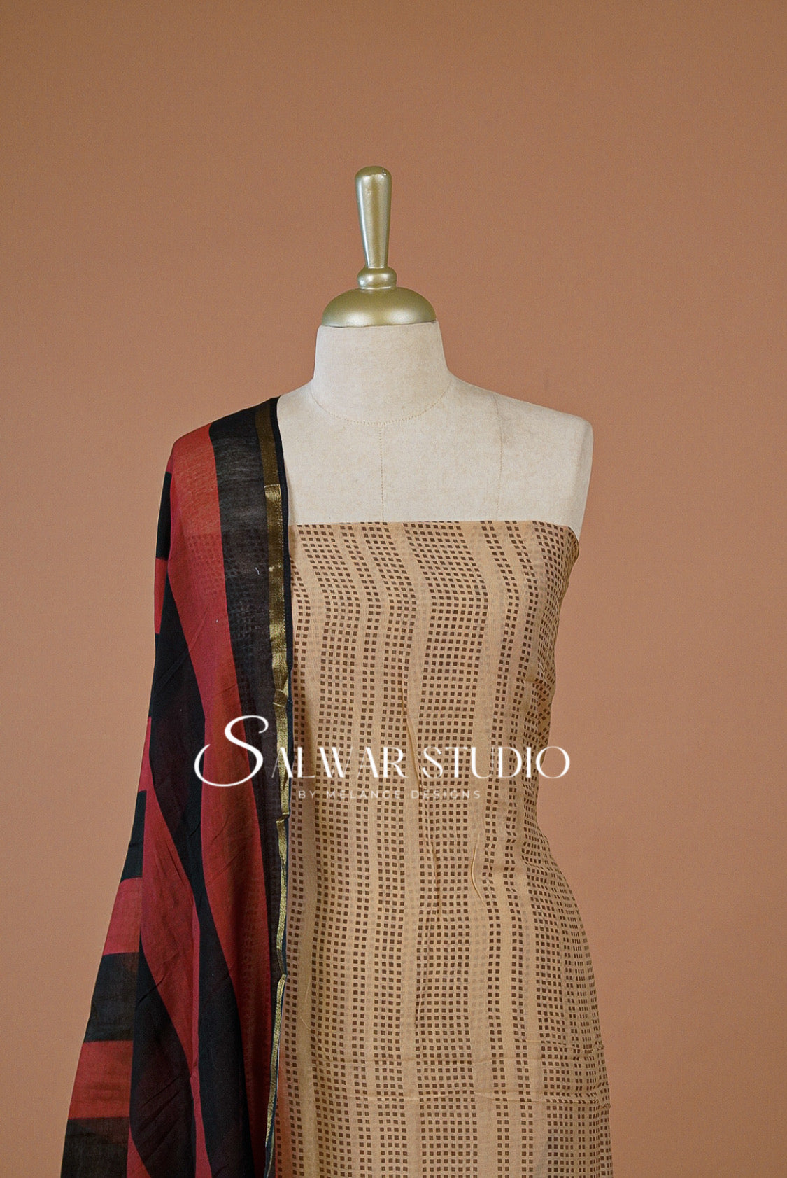 Printed Chanderi Unstitched Salwar Suit Dress Material Pale Peach With Maroon AC0223