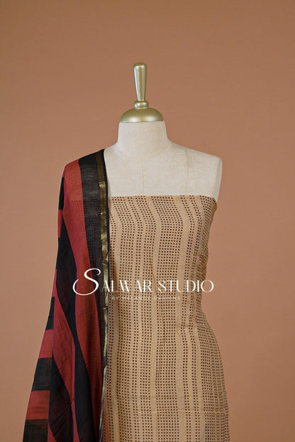 Printed Chanderi Unstitched Salwar Suit Dress Material Pale Peach With Maroon AC0223