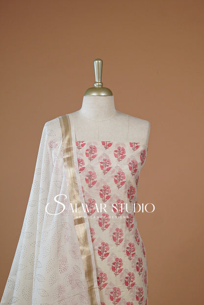 Printed Chanderi Unstitched Salwar Suit Dress Material Close UP