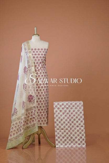 Printed Chanderi Unstitched Salwar Suit Dress Material  Off White Front View