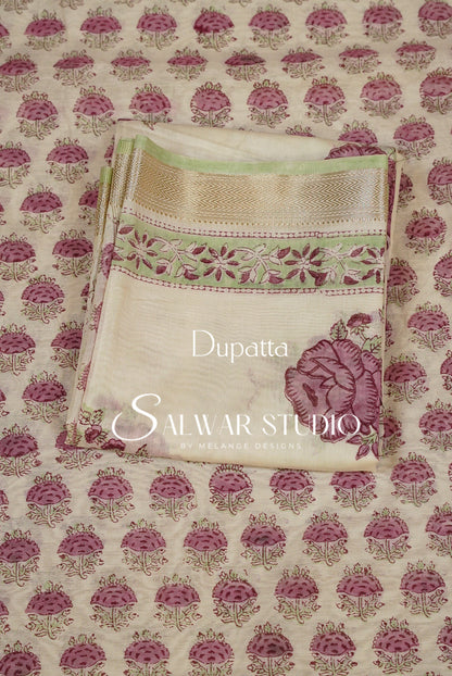 Printed Chanderi Unstitched Salwar Suit Dress Material  Off White Dupatta