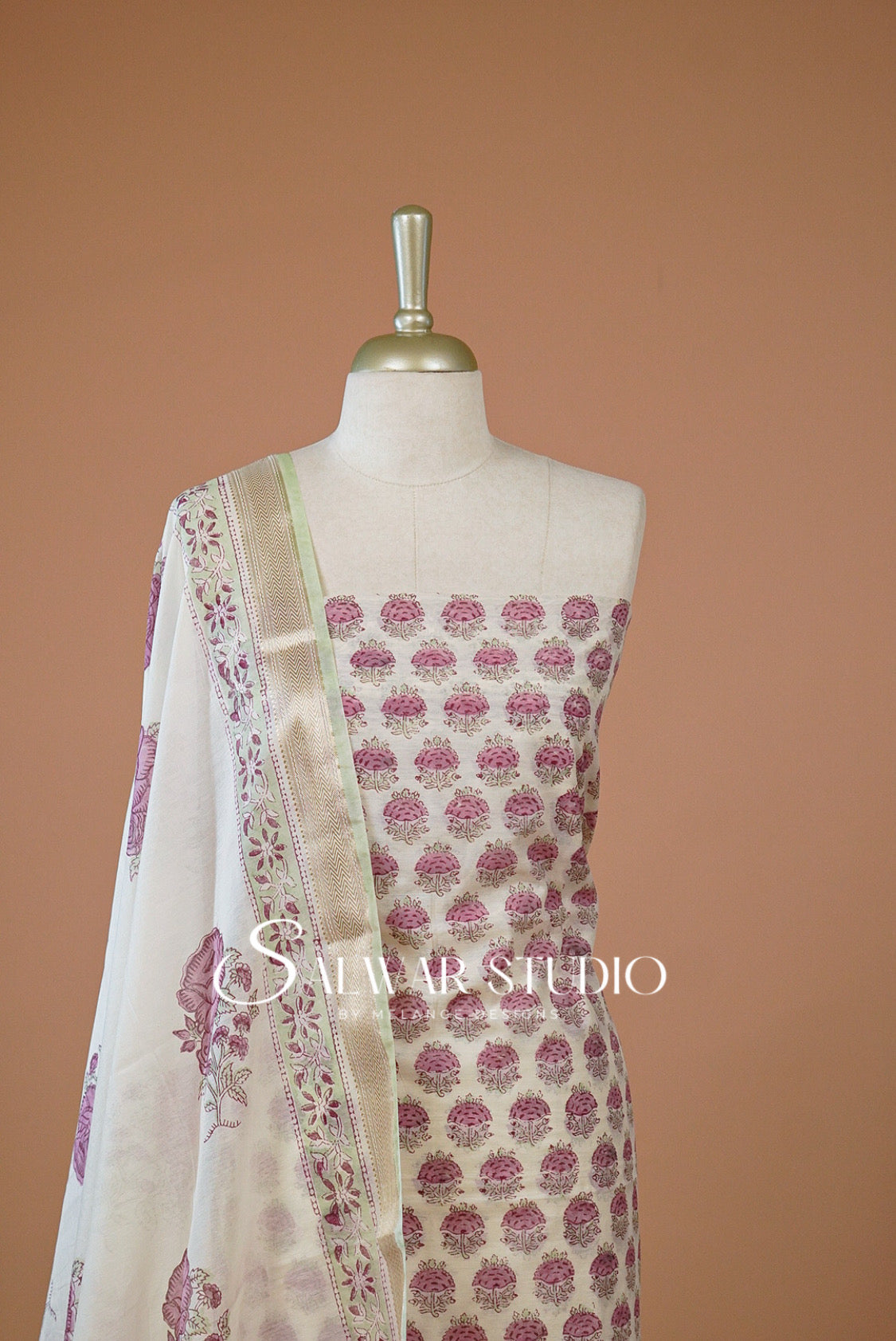 Printed Chanderi Unstitched Salwar Suit Dress Material  Off White Close UP