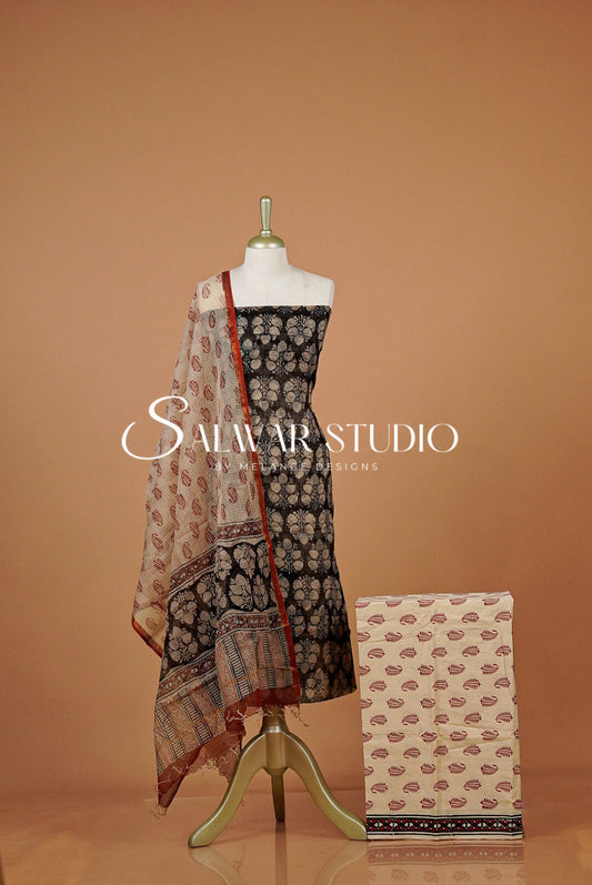 Printed Cotta Unstitched Salwar Suit Dress Material  Black  AC0358