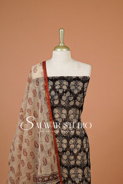 Printed Cotta Unstitched Salwar Suit Dress Material  Black  AC0358