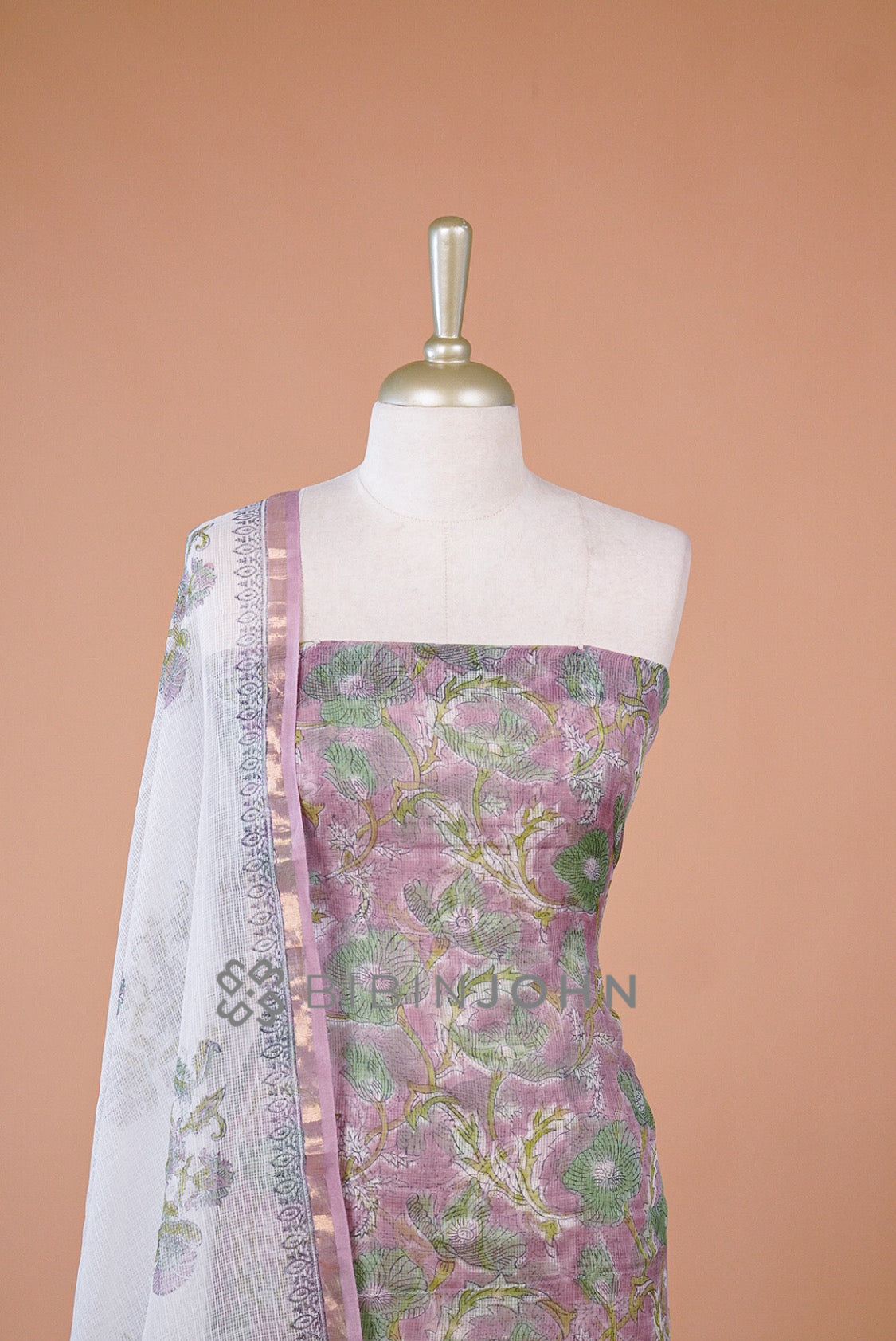 Printed Cotta Unstitched Salwar Suit Material Dusty Mauve close view.