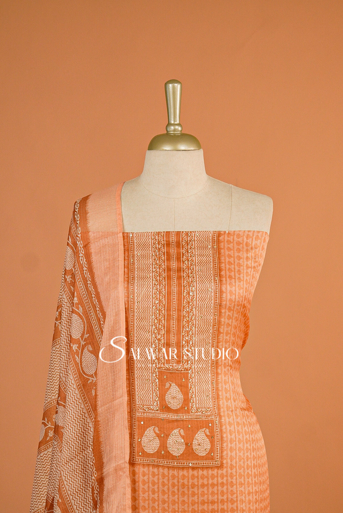 Printed Cotta Unstitched Salwar Suit Dress Material peach AC0179