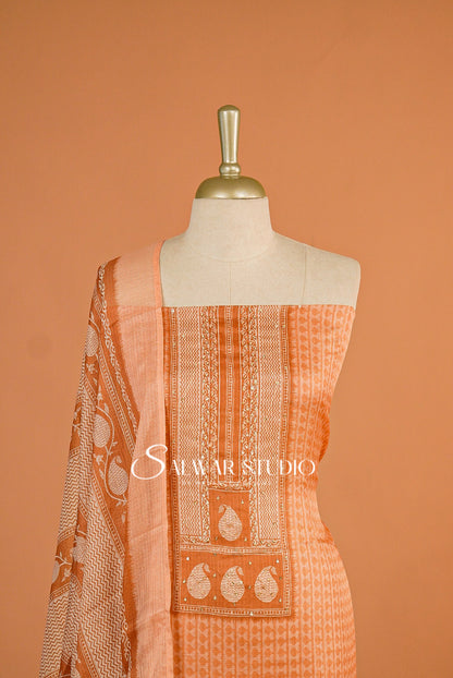 Printed Cotta Unstitched Salwar Suit Dress Material peach AC0179