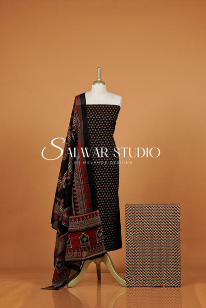 Printed Cotton Unstitched Salwar Suit Dress Material Black AC0337