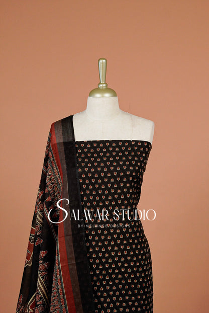 Printed Cotton Unstitched Salwar Suit Dress Material Black AC0337