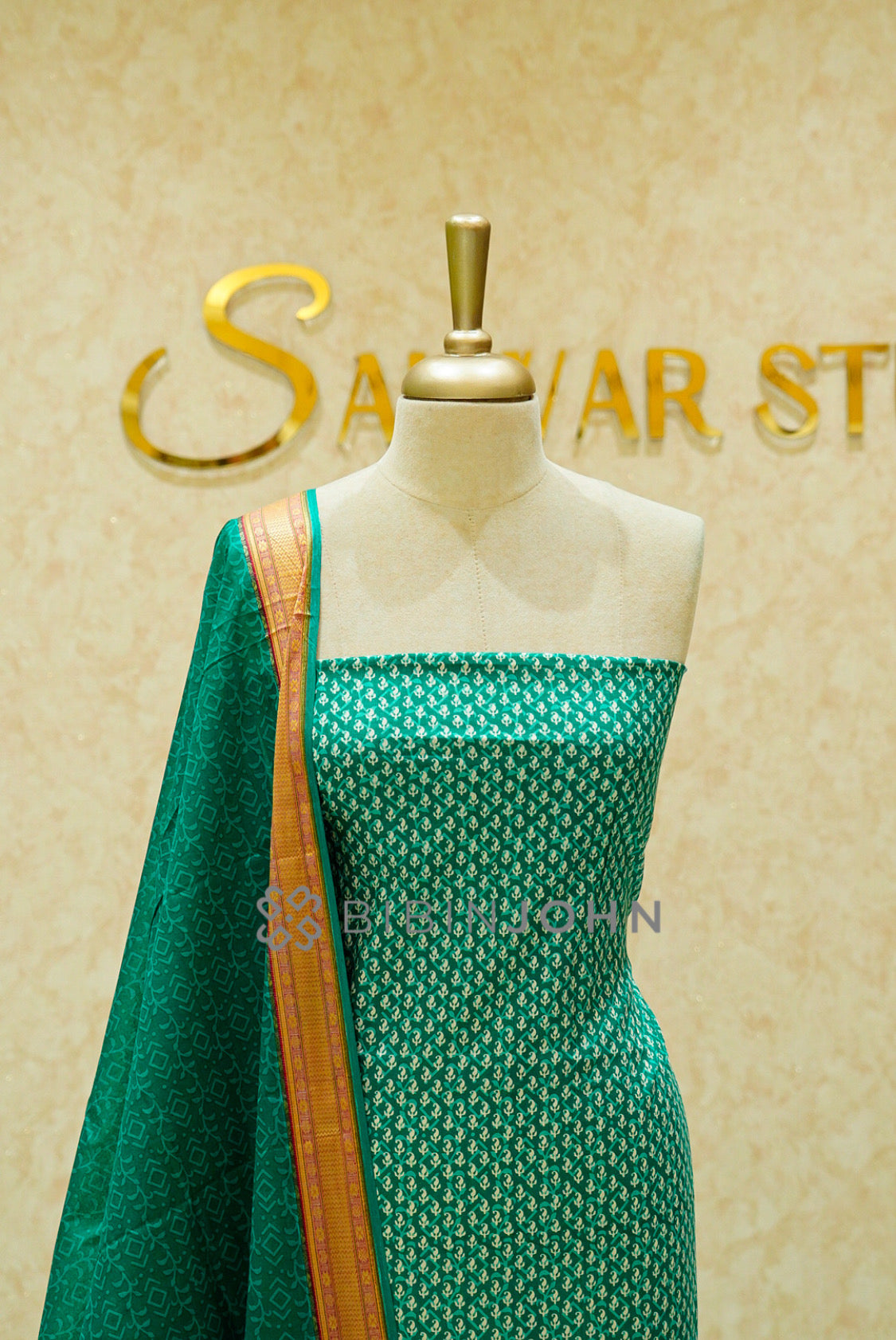 Printed Cotton Unstitched Salwar Suit Material Emerald Teal Green  CLOSE VIEW