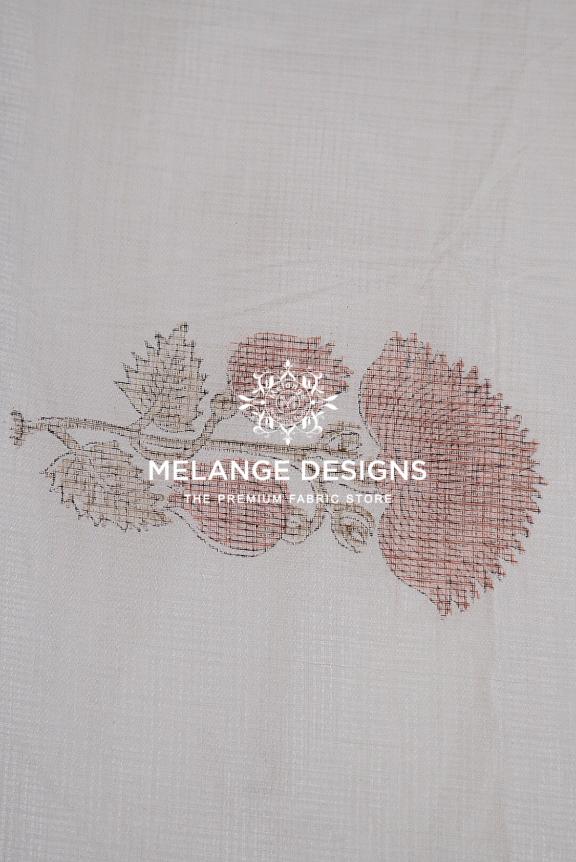 A close-up of a light beige Printed Cotton Cotta Fabric featuring a printed or embroidered botanical design in muted dusty pink and gray-brown tones.