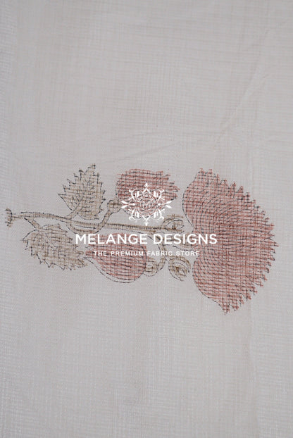 A close-up of a light beige Printed Cotton Cotta Fabric featuring a printed or embroidered botanical design in muted dusty pink and gray-brown tones.