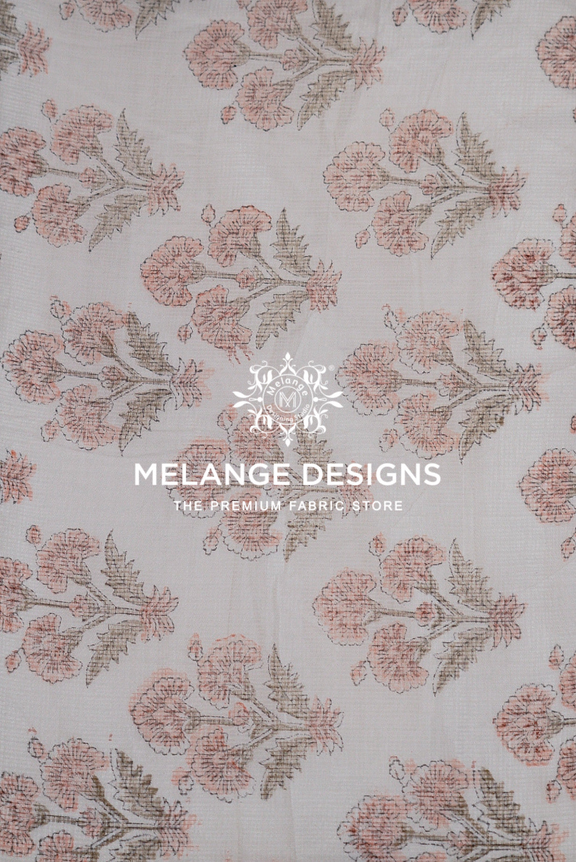 A close-up of a Printed Cotton Cotta Fabric pattern featuring a repeating floral design in dusty pink and muted brown .