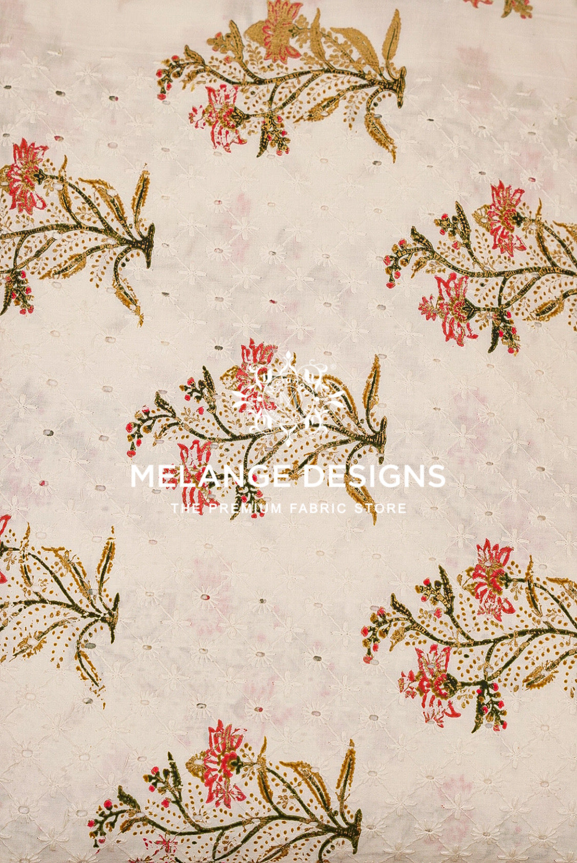 A close-up of a Printed Cotton Hacoba Fabric BJ0047 pattern featuring delicate pink and red flowers with green and gold leaves on a light beige background. 