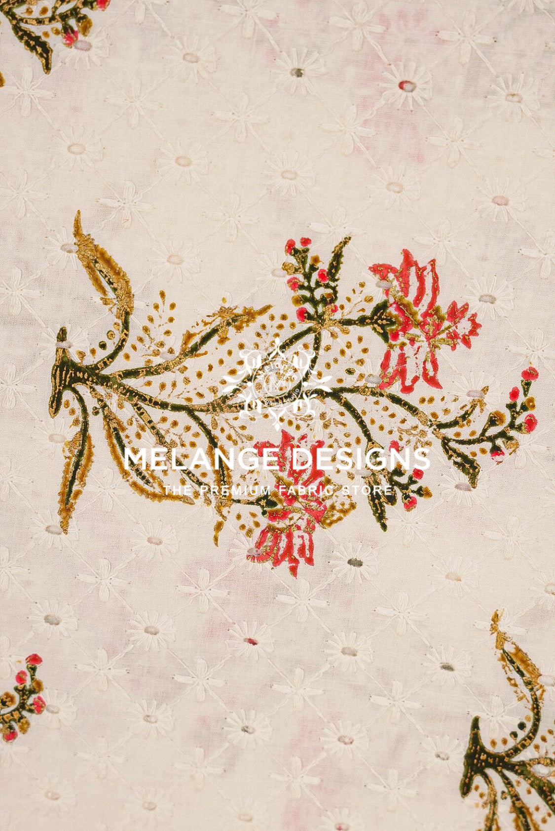 A close-up of a Printed Cotton Hacoba Fabric BJ0047 swatch featuring a light beige base with white floral embroidery and gold and red embroidered floral accents. 