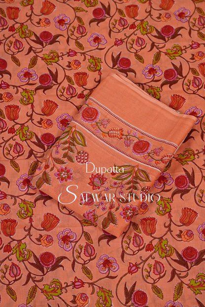 Printed Cotton Unstitched Salwar Suit Dress Material Peach Orange AC0195