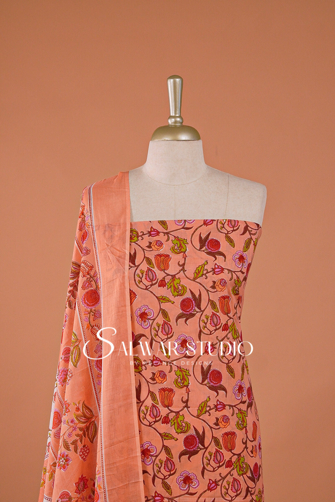 Printed Cotton Unstitched Salwar Suit Dress Material Peach Orange AC0195