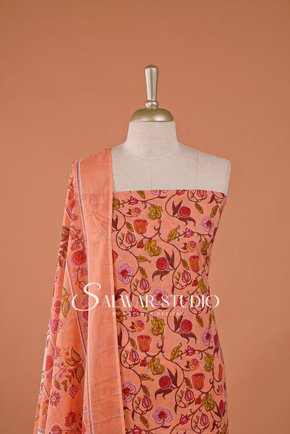 Printed Cotton Unstitched Salwar Suit Dress Material Peach Orange AC0195