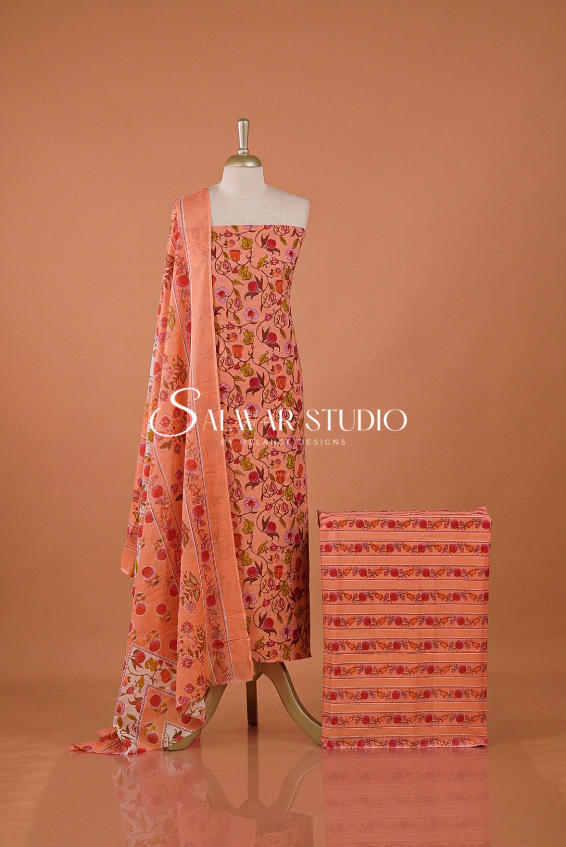 Printed Cotton Unstitched Salwar Suit Dress Material Peach Orange AC0195