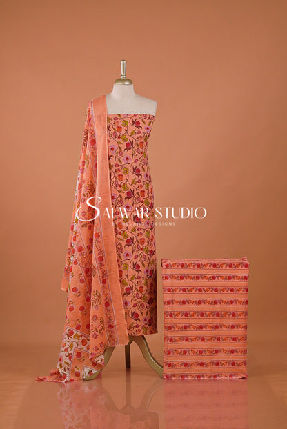 Printed Cotton Unstitched Salwar Suit Dress Material Peach Orange AC0195