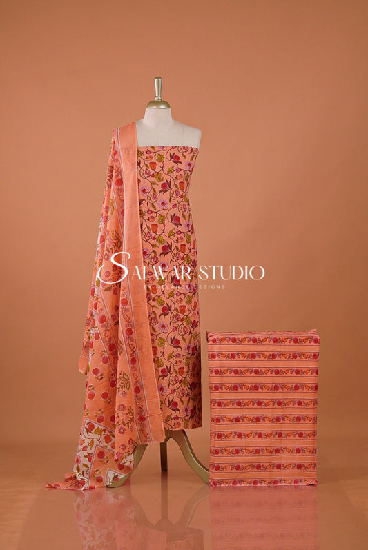 Printed Cotton Unstitched Salwar Suit Dress Material Peach Orange AC0195