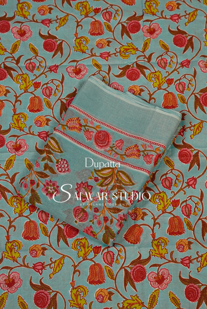Printed Cotton Unstitched Salwar Suit Dress Material Baby Blue AC0196