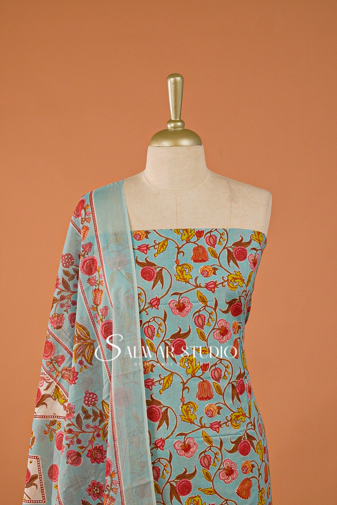 Printed Cotton Unstitched Salwar Suit Dress Material Baby Blue AC0196