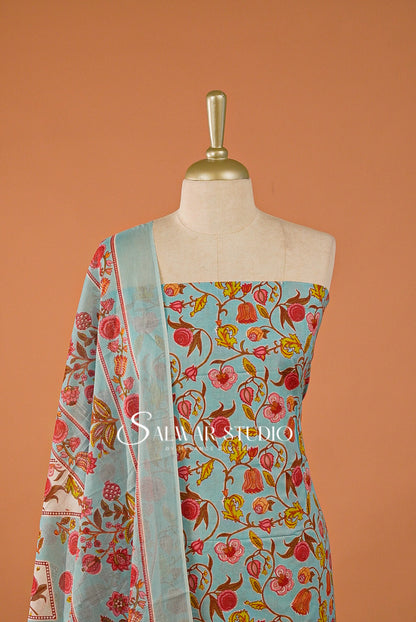 Printed Cotton Unstitched Salwar Suit Dress Material Baby Blue AC0196