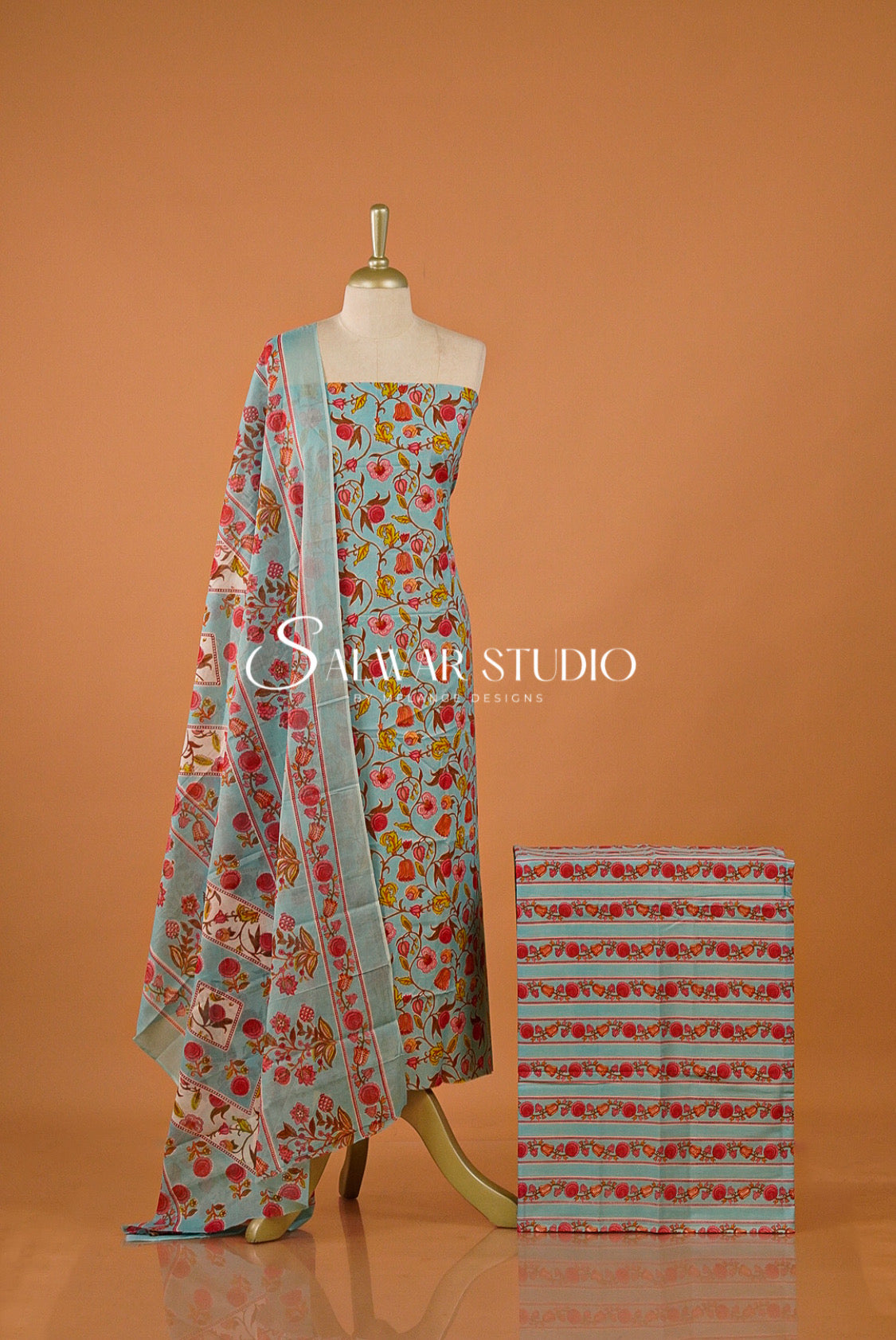 Printed Cotton Unstitched Salwar Suit Dress Material Baby Blue AC0196
