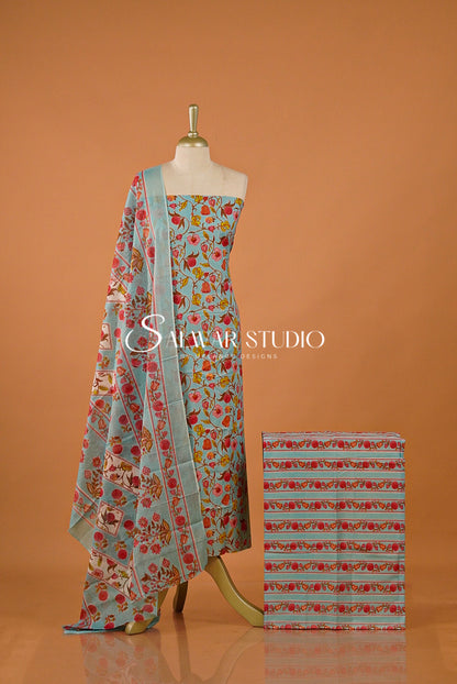 Printed Cotton Unstitched Salwar Suit Dress Material Baby Blue AC0196