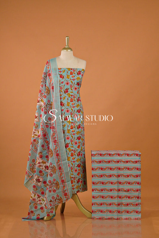 Printed Cotton Unstitched Salwar Suit Dress Material Baby Blue AC0196