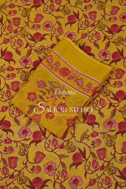 Printed Cotton Unstitched Salwar Suit Dress Material Yellow AC0197