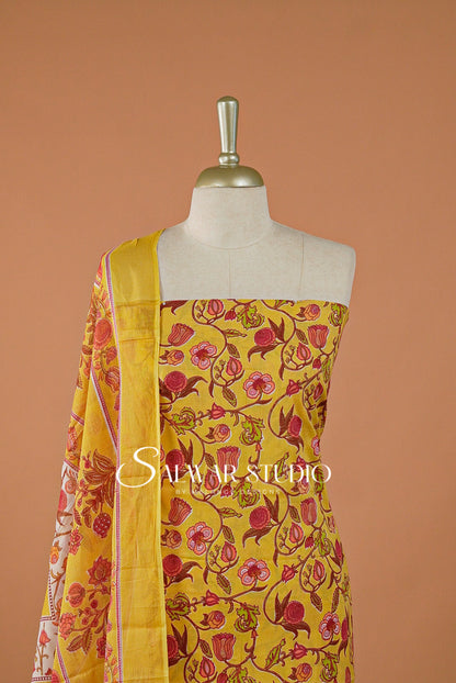 Printed Cotton Unstitched Salwar Suit Dress Material Yellow AC0197