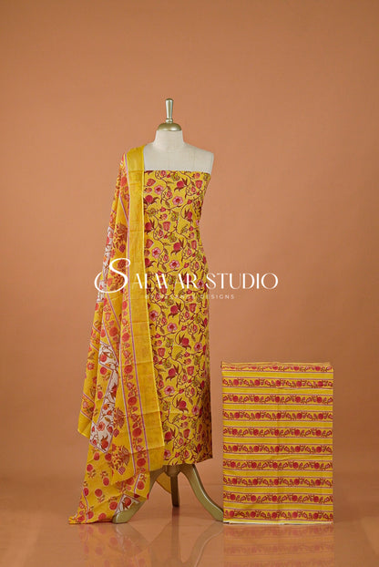 Printed Cotton Unstitched Salwar Suit Dress Material Yellow AC0197