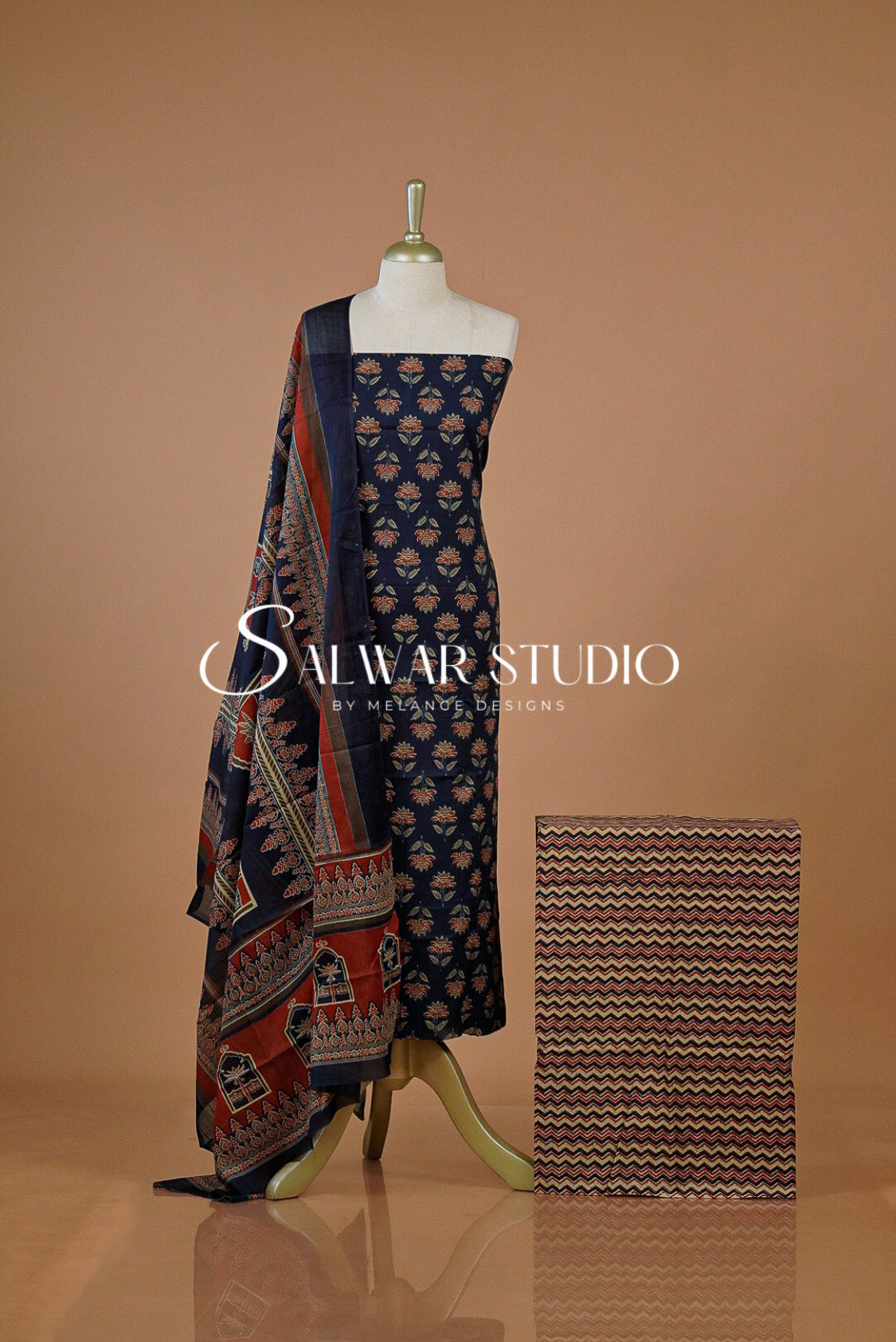 Printed Cotton Unstitched Salwar Suit Dress Material Blue Black AC0212